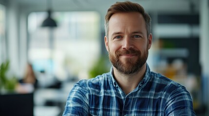 Obraz premium Portrait of a Happy and Confident Man in Modern Office Setting