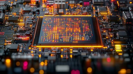Obraz premium Close-up view of a vibrant microchip with glowing circuitry, showcasing intricate details and technology