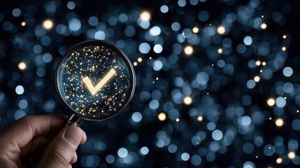 A businessman uses a magnifying glass to highlight a check mark on a virtual display, representing quality and approval in business