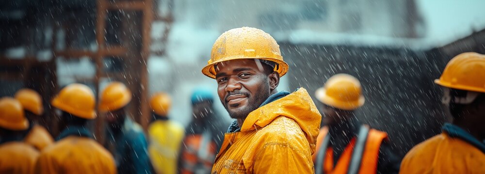 Construction workers continue to work in spite of the heavy rain. The staff still smiles in spite of their safety gear.