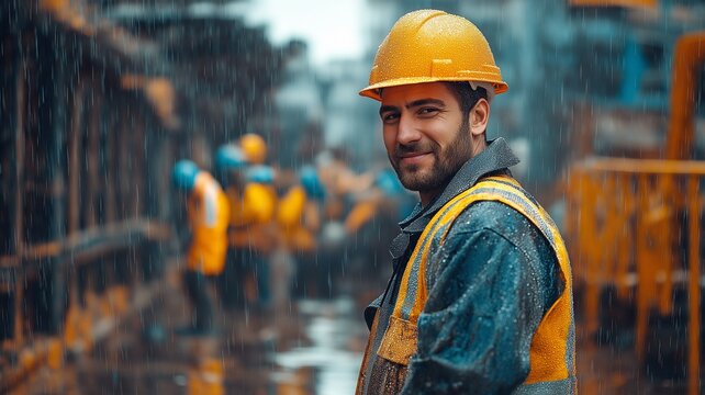 Construction workers continue to work in spite of the heavy rain. The staff still smiles in spite of their safety gear.