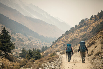 Fototapeta premium Hiker on the hill, Selective focus man hiking on the mountain, Backpacker trekking.