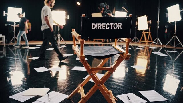  classic wooden director&rsquo;s chair with a black fabric backrest labeled "DIRECTOR," placed on a film set surrounded by scattered script pages, bright studio lights, and professional camera equipment