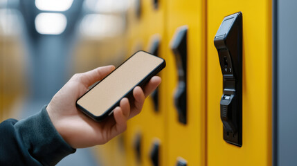 person using smartphone to access smart locker system with biometric authentication