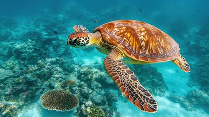 Fototapeta premium Graceful Sea Turtle Swimming Over Vibrant Coral Reef Underwater