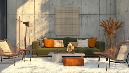 Modern minimalist living room with neutral colors and warm tones.