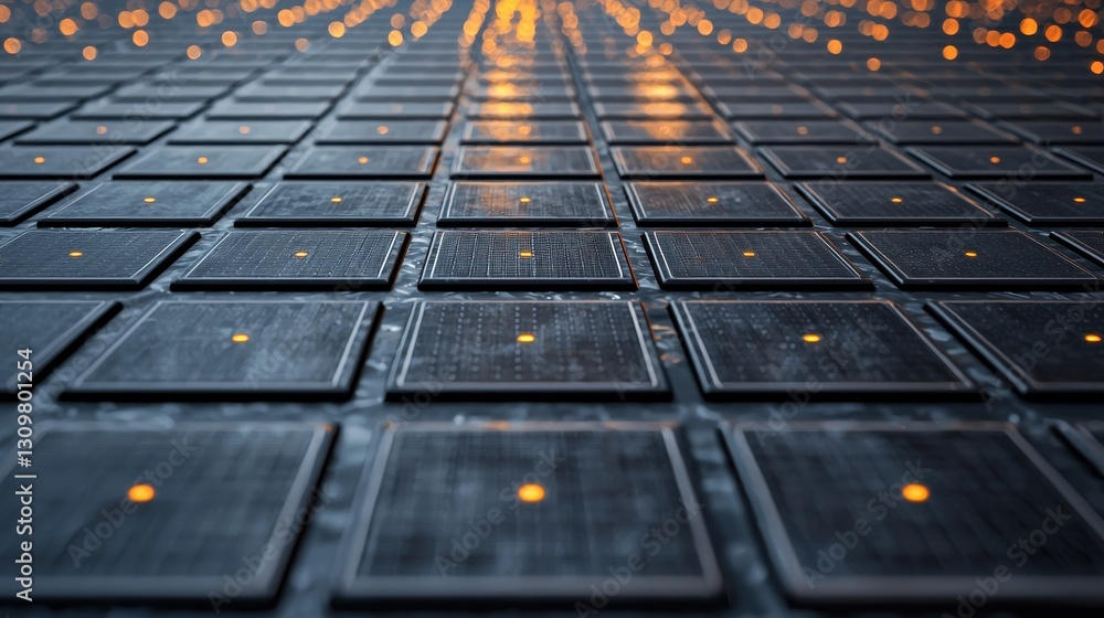 Poster futuristic grid with glowing elements on dark background