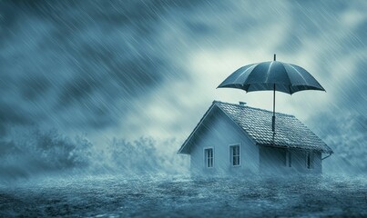 House protected from heavy pouring rain by umbrella.