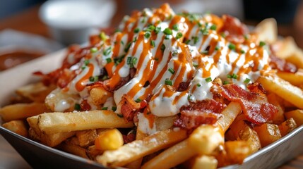 Savor the irresistible combination of crispy French fries piled high with smoky bacon, drizzled with rich ranch sauce and garnished with fresh herbs, perfect for sharing or enjoying solo