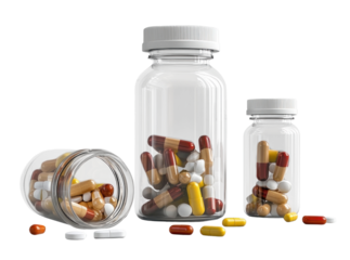 PNG An isolated three transparent bottle full of capsule vitamin with vitamins pills around the bottle include open on the floor and close one medication capsules bottles.