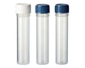 Three empty plastic test tubes with screw caps on a transparent background