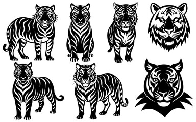 Black Tiger set vector silhouette design isolated on white background 