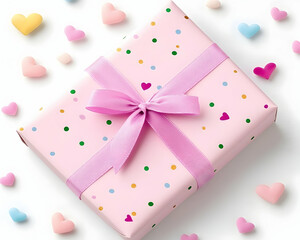 Pink gift box with ribbon, confetti hearts