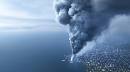 Fototapeta premium Aerial view of industrial smoke forming storm clouds over coastal city