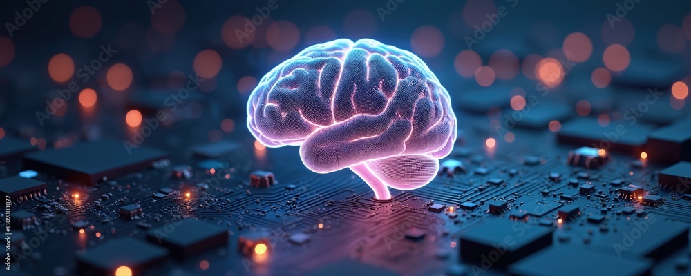Poster digital brain on circuit board as artificial intelligence concept. electronic mind with glowing elec