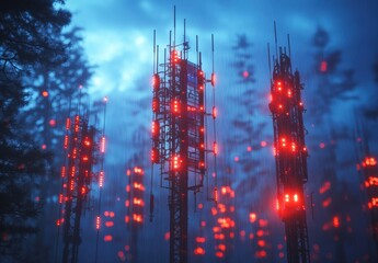 Blue and Red Lighted Communication Towers in Misty Forest Landscape During Twilight for Technology and Nature Themes