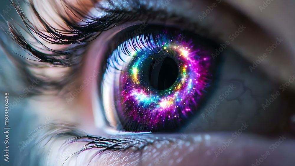 Poster a close-up of an eye featuring a colorful, galaxy-like pattern in the pupil, creating a cosmic appea