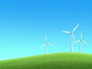Fototapeta premium Wind turbines spinning on lush green hill under clear blue sky