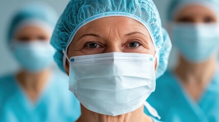 Close-up of a female surgeon. She is wearing a surgical mask. Generative AI