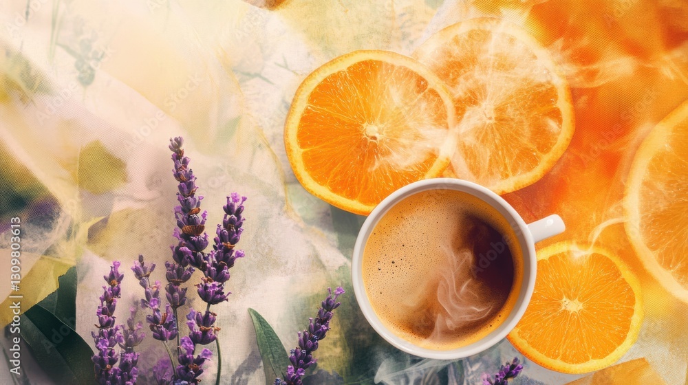 Poster Experience the blend of aromatic coffee steam, citrus brightness, and the tranquility of lavender fields during a sunny day Generative AI