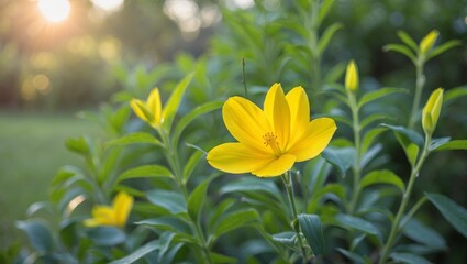 Obraz premium Bright yellow flower bloom stands out in garden surrounded by lush greenery during sunny daytime.