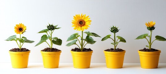 Obraz premium Bright and Cheerful Sunflowers in Yellow Pots Showcasing Growth Stages from Budding to Full Bloom Against a Light Background