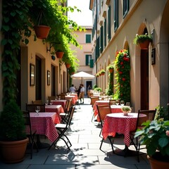 "A cozy outdoor café with tables surrounded by lush greenery, flowers in hanging baskets, and birds chirping."