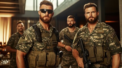 Fototapeta premium Portrait of a smart standing male soldier. Generative AI