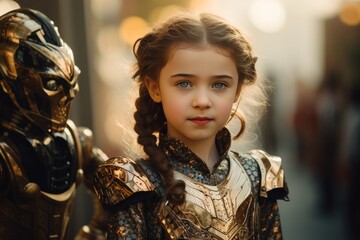 Fototapeta premium Stunning portrait of a beautiful girl with sharp features and realistic robotic enhancements