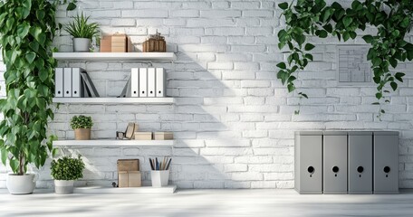 Bright and modern workspace with green plants, shelves filled with office supplies, and stylish storage boxes against a white brick wall for productivity enhancement