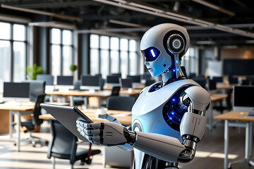 robot with a tablet in an office, humanoid Robot assistant analyzing data in modern office environment.	