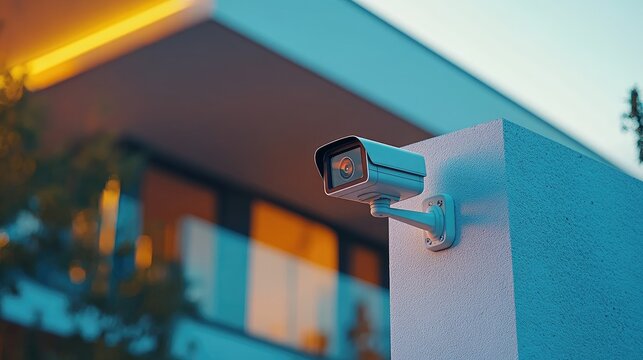 Security camera mounted on a white wall outside a building