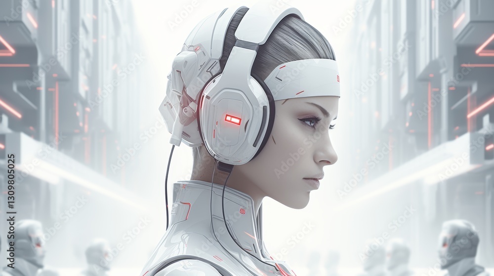 Poster striking minimalist portrait showcasing sharp robotic enhancements and a confident expression
