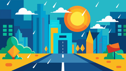The virtual city comes alive with realistic weather effects from blazing sun and heat to pouring rain and slippery streets adding an extra challenge. Vector illustration