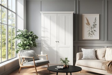 Fototapeta premium Modern living room with white cabinet, featuring a cozy armchair, beige couch, and large window.