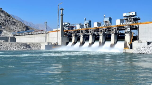 Hydroelectric dam releases water into river near mountains under clear sky