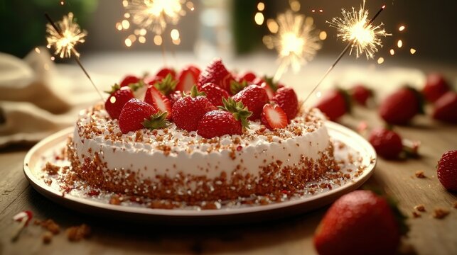 Eye-catching celebration cake topped with fresh strawberries and sparklers creating a festive atmosphere for events