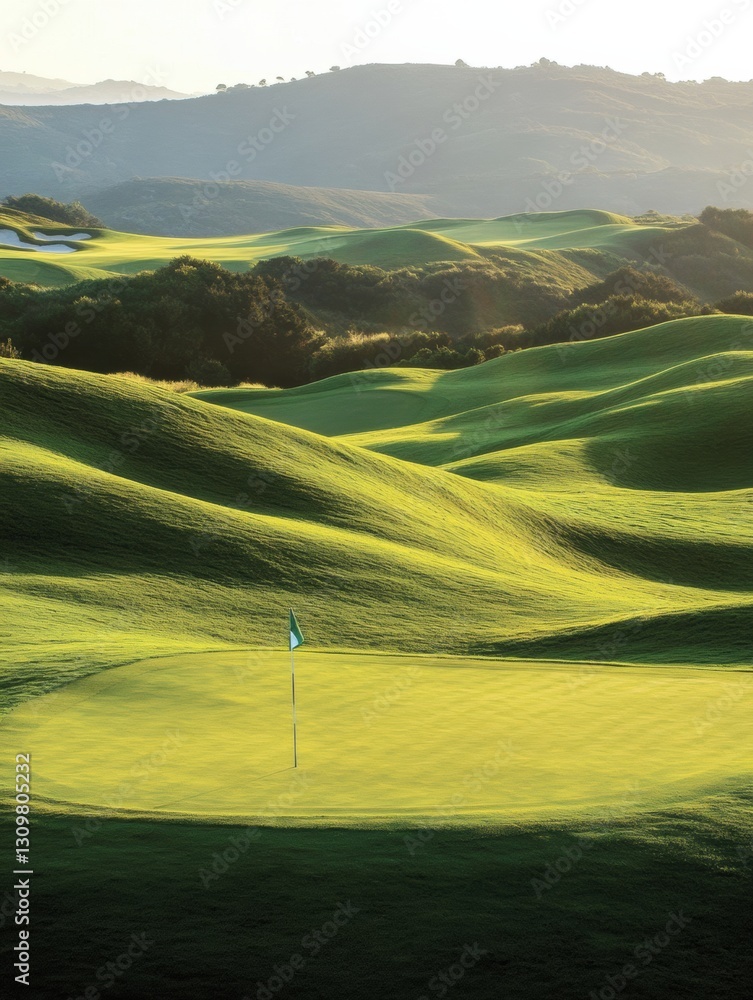 Aufkleber serene golf course with rolling hills and a flag marking the hole at golden ratio point during after