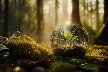 A magical scene with a crystal sphere cradling a tiny plant seedling on a forest floor for a powerful reminder of nature's rebirth and growth