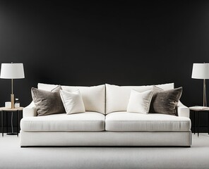 Modern living room with white couch and dark walls.