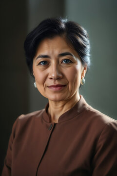 Respectable senior businesswoman from Malaysia. Corporate portrait of Southeast Asian business lady from Kuala Lumpur wearing formal brown suit