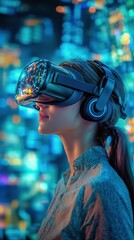 Obraz premium Young Woman Experiences Virtual Reality in Vibrant Lighting at a Technology Event