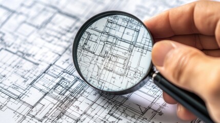 Hand holding magnifier over a house blueprint, sharp details in focus.