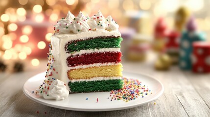 A slice of rainbow layer cake presented on a plate showcasing its vibrant colors and delicious layers