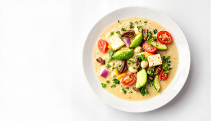 Colorful soup in modern bowl on white background, culinary artistry