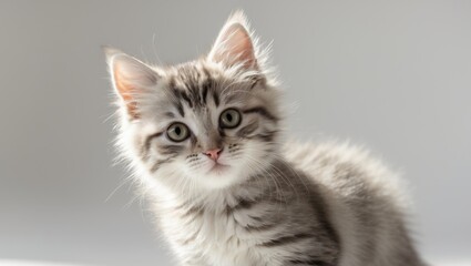 Playful striped kitten looking right in studio.