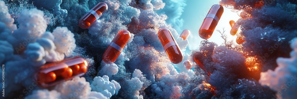 Poster surreal landscape of pill structures illuminated by dreamlike light in a fantasy realism setting gen