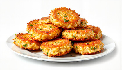 Fototapeta premium Crispy conch fritters plated elegantly on white background, culinary art