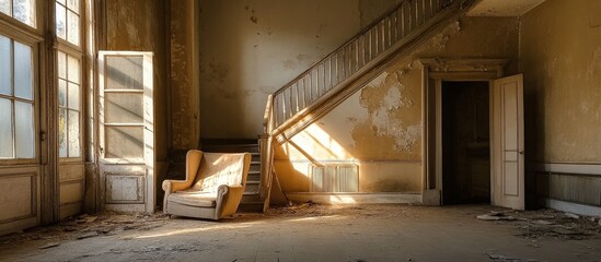 Fototapeta premium Rays of light illuminate the deserted interior of a home.