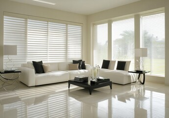 Modern living room with white sectional sofa, coffee table, and sheer blinds.